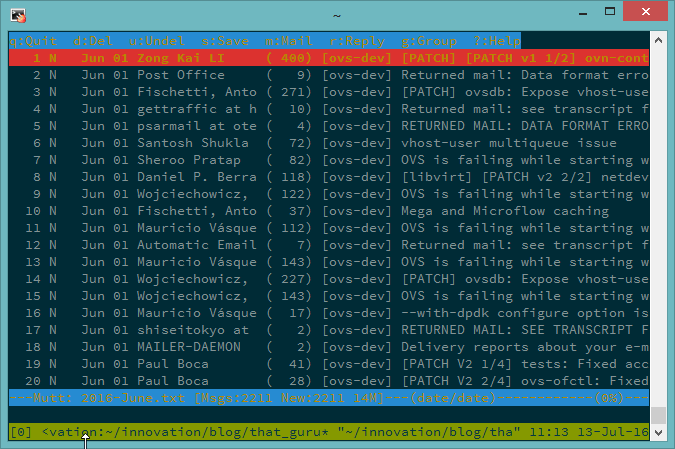 Screenshot of Mutt with archives loaded