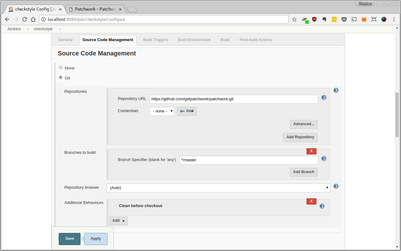 Screenshot of Source Code Management configuration