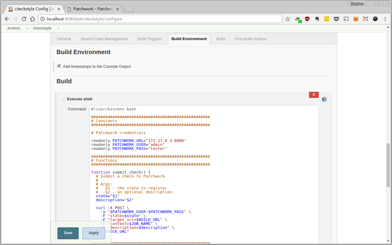 Screenshot of Build Environment configuration