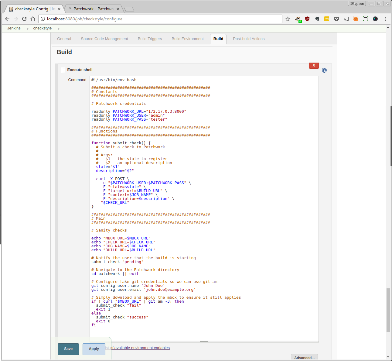 Screenshot of Build configuration
