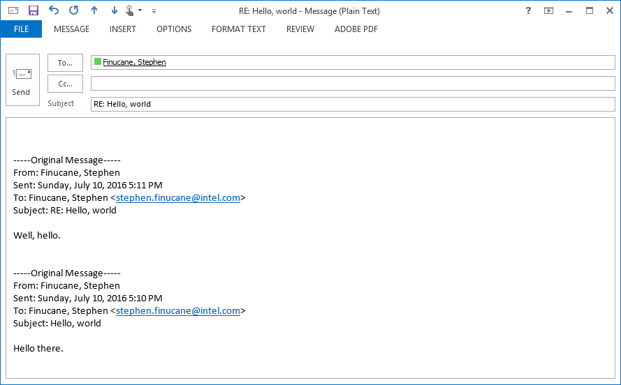 Screenshot of plain text mail before changes