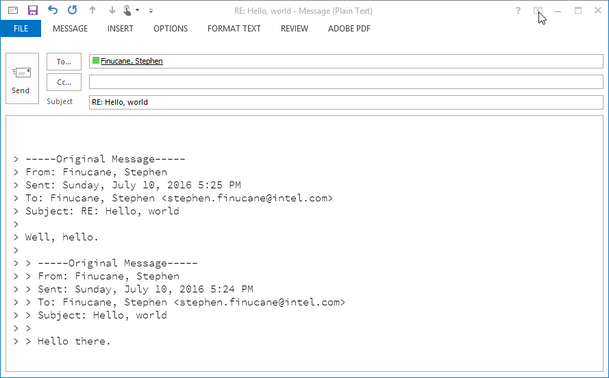 Screenshot of plain text mail after changes