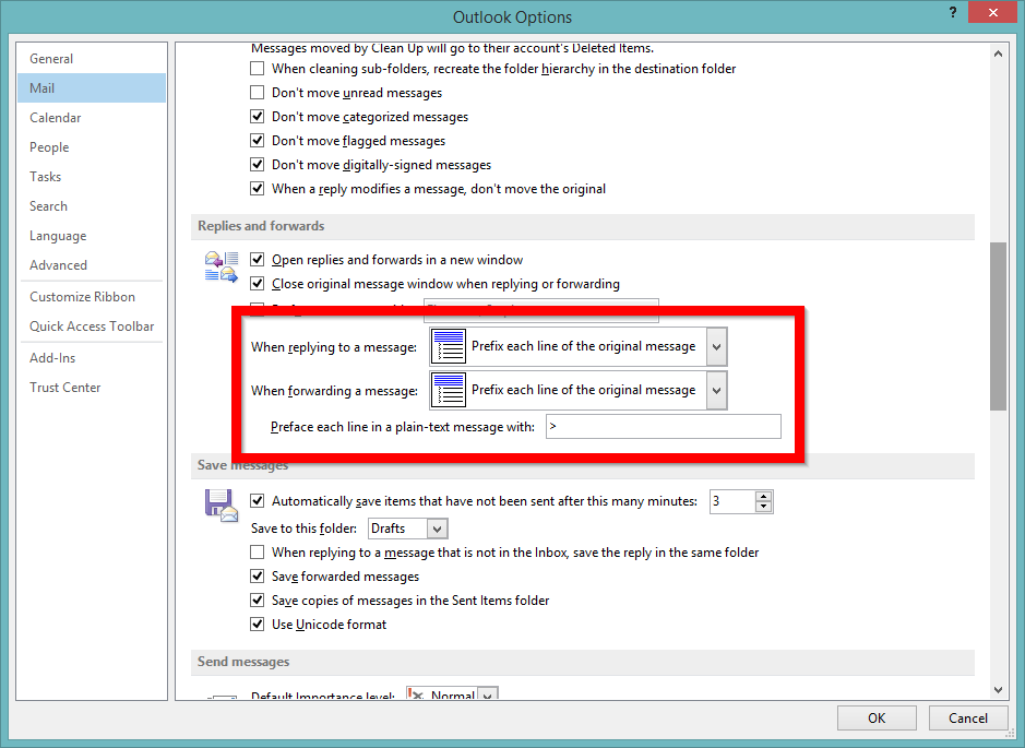 Screenshot of configuring Outlook to prefix replies in a plain text email