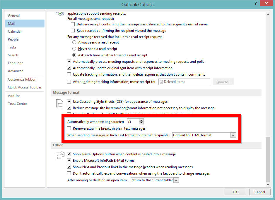 Screenshot of configuring Outlook to not strip extra line breaks