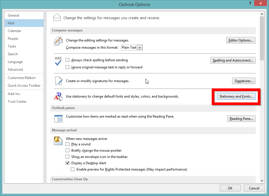 Screenshot of configuring Outlook to use monospace font (1)