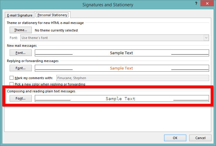 Screenshot of configuring Outlook to use monospace font (2)