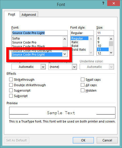 Screenshot of configuring Outlook to use monospace font (3)